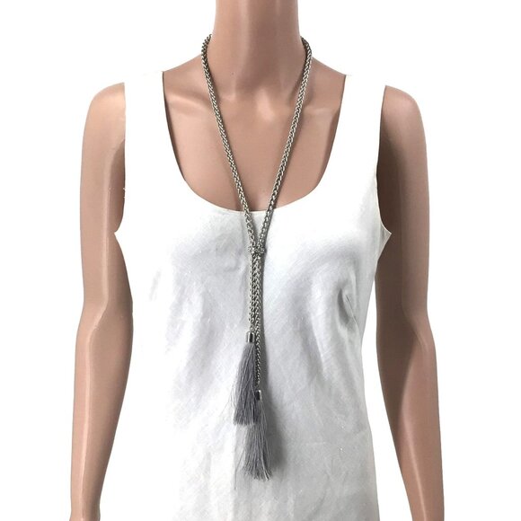 C1946 Tassel Necklace Silver Tone Chain Rhinestone Accent Adjustable Length - Picture 1 of 2